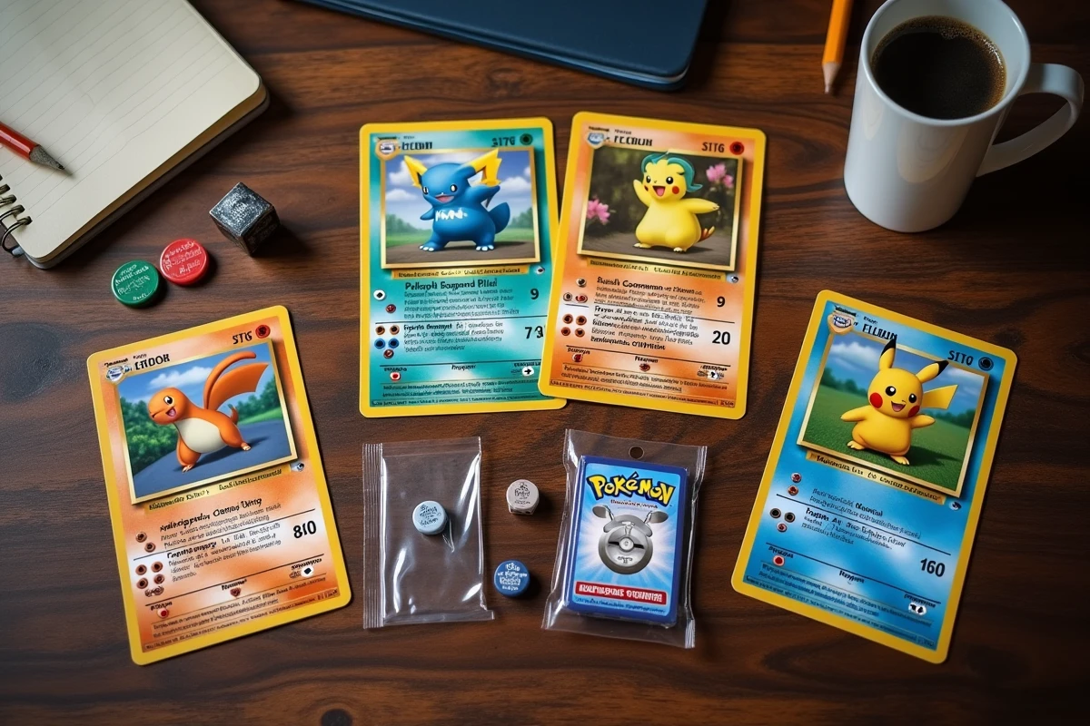 Accessoires de départ pour le JCC Pokémon disposés en flat lay : cartes, jetons, dés et protège-cartes