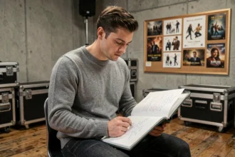 Acteur de cinéma étudiant un script dans un studio de production moderne, ambiance coulisses de film superhéros