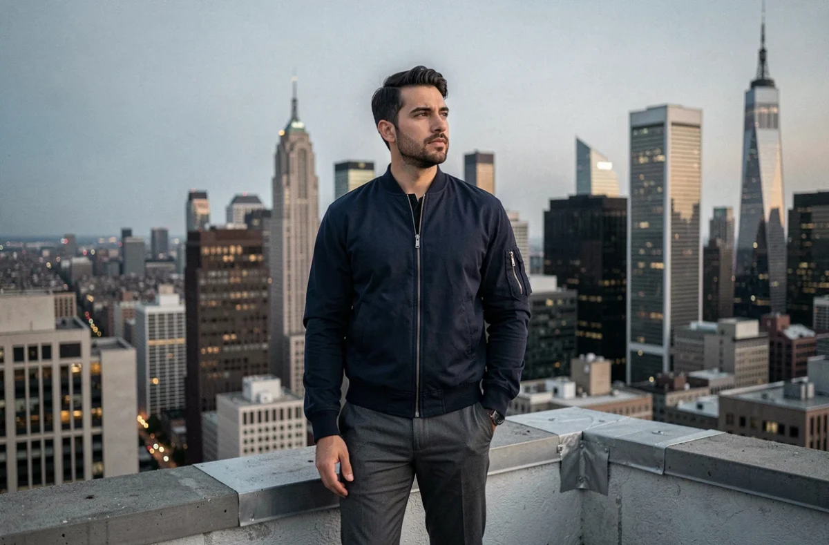 Acteur masculin sur un toit urbain contemplant une grande ville, évoquant l'univers cinématographique Spider-Man