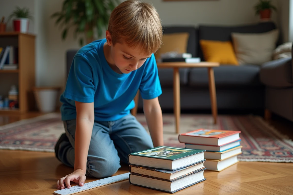 Adolescent mesurant des livres dans le salon
