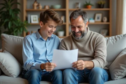 Adolescent avec son beau-pere regardant un document en famille