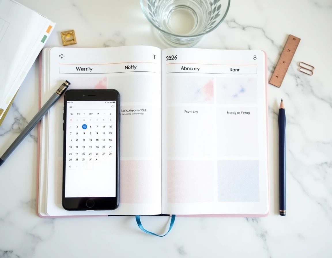 Agenda papier 2026 annoté avec semaines paires et impaires à côté d'un smartphone affichant l'application Outlook