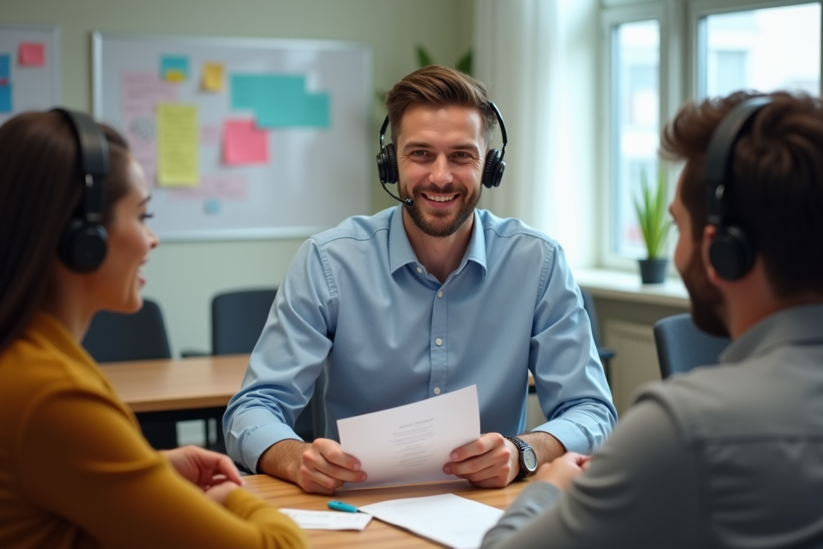 Jeune agent de service client aidant un client en salle de formation