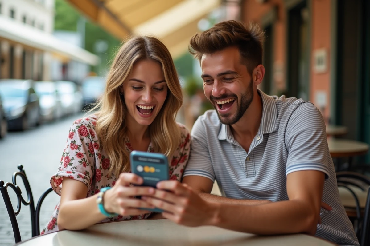 Deux amis partageant des liens de tours gratuits Coin Master sur smartphone dans un café
