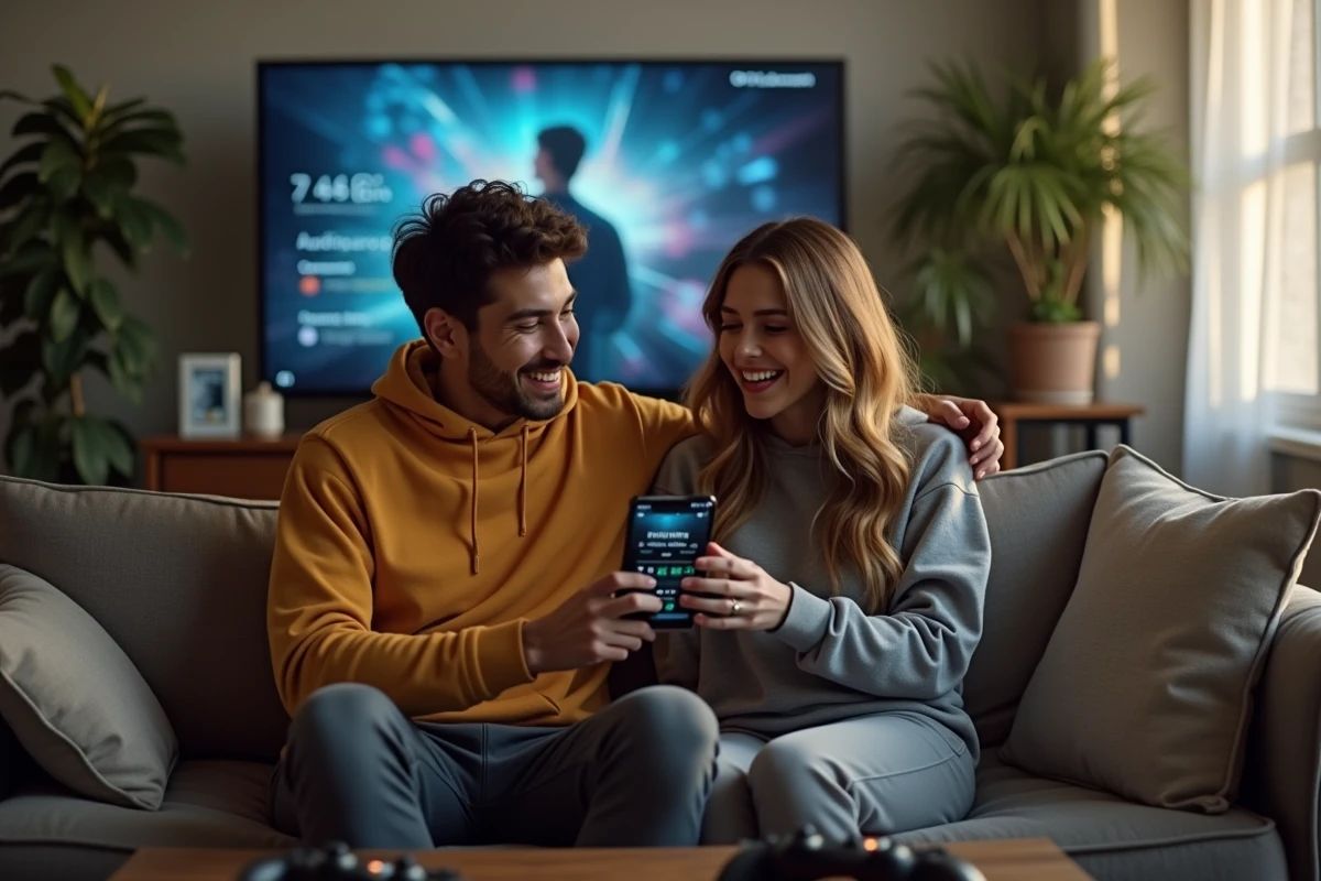 Deux amis riant ensemble en consultant le temps de jeu cumulé sur League of Legends depuis un smartphone