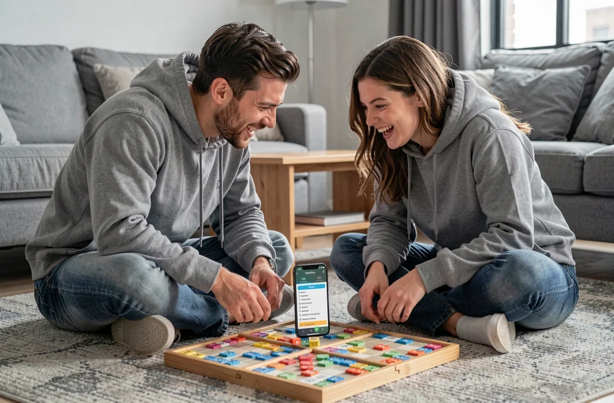 Deux amis vérifiant des mots autorisés au Scrabble sur une application mobile lors d'une partie à domicile