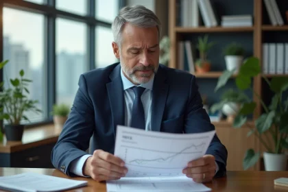 Analyste financier en costume regardant un graphique de courbe de rendement