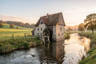 Ancien moulin à eau au bord d'une rivière en Allemagne