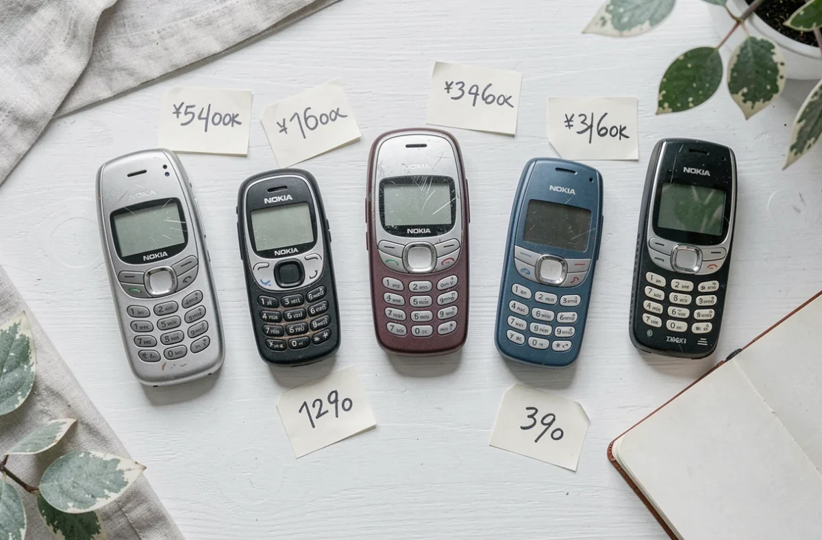 Plusieurs anciens modèles Nokia posés sur une table avec des étiquettes de prix pour illustrer la revente de téléphones vintage