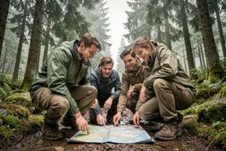 Groupe de jeunes aventuriers en tenue outdoor étudiant une carte topographique dans une forêt brumeuse, saison Les Apprentis Aventuriers 2026
