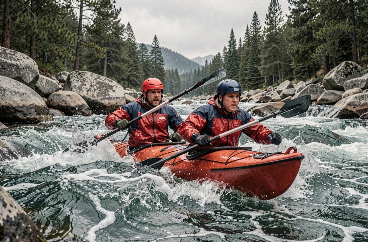 Deux candidats en kayak biplace affrontant des rapides en eaux vives dans le cadre des épreuves extrêmes des Apprentis Aventuriers 2026