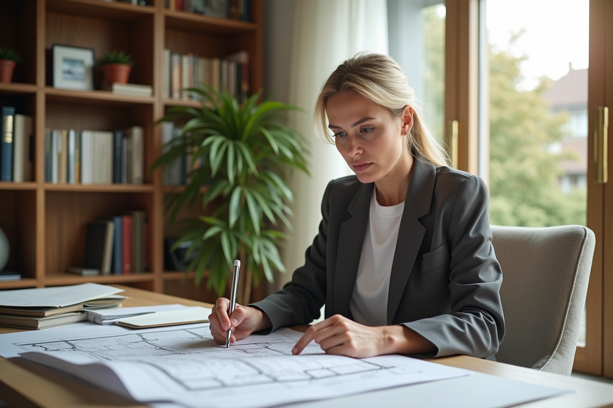 Architecte femme travaillant sur ses plans dans un bureau lumineux