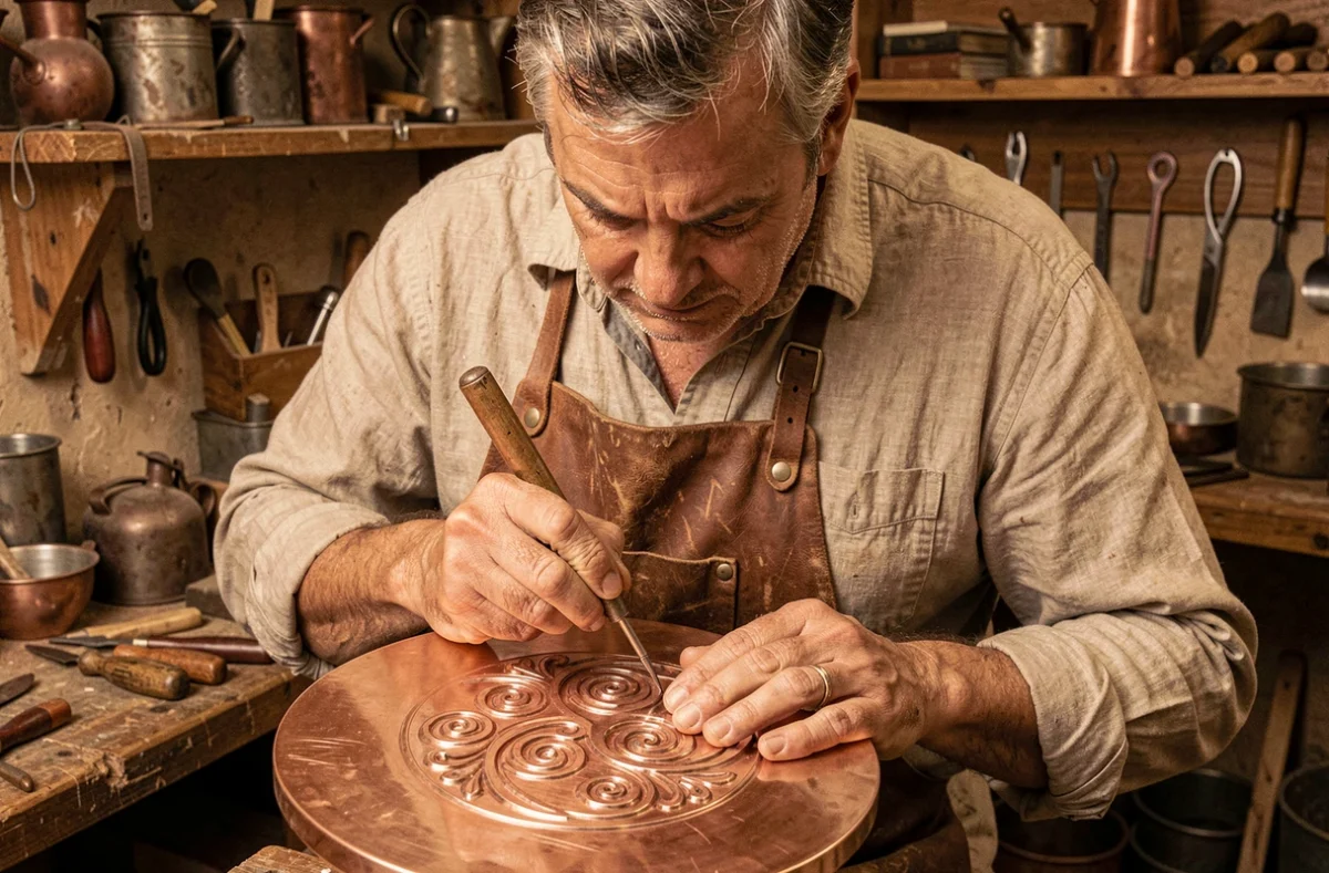 Artisan gravant un symbole triskel sur du cuivre dans un atelier artisanal traditionnel
