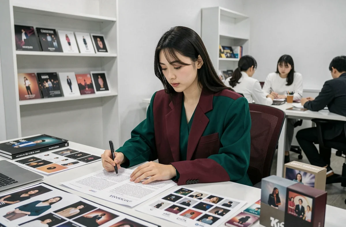 Artiste coréenne en tenue concept étudie des documents de promotion et de comeback dans un bureau créatif d'agence K-pop
