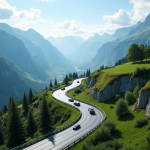 Vue aérienne d'une autoroute moderne en Suisse entourée de montagnes vertes