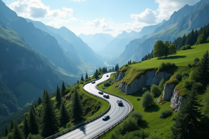 Vue aérienne d'une autoroute moderne en Suisse entourée de montagnes vertes