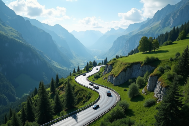 Vue aérienne d'une autoroute moderne en Suisse entourée de montagnes vertes