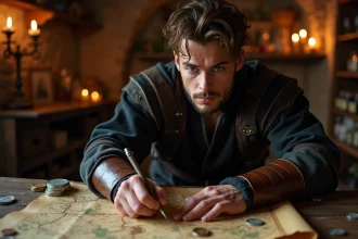 Aventurier en tenue médiévale fantastique étudiant une carte au parchemin dans une taverne en pierre pour la quête L'occasion fait le larron sur Dofus