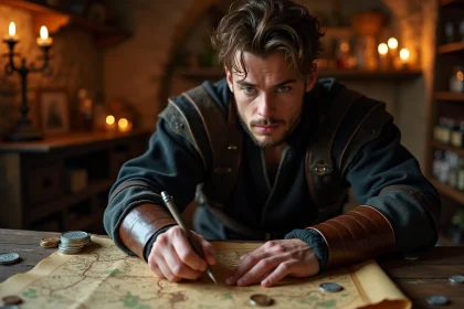 Aventurier en tenue médiévale fantastique étudiant une carte au parchemin dans une taverne en pierre pour la quête L'occasion fait le larron sur Dofus