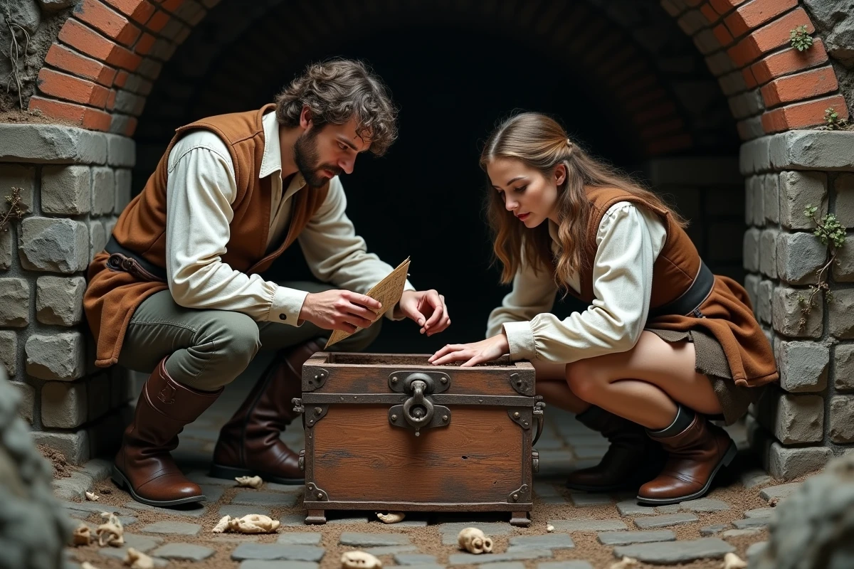 Deux aventuriers en tenue médiévale inspectant un coffre enfoui dans un caveau souterrain pour illustrer la résolution d'une quête dans Dofus