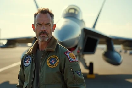 Aviateur militaire en blouson de vol G-1 devant un tarmac d'aérodrome avec un chasseur F/A-18 en arrière-plan flou