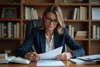Avocate en costume lisant un document juridique dans un bureau moderne