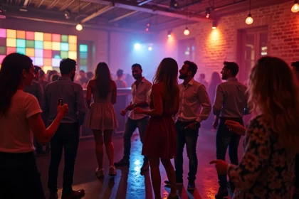 Groupe d'amis qui dansent dans une boîte de nuit à Perpignan en semaine, ambiance festive avec DJ et néons colorés