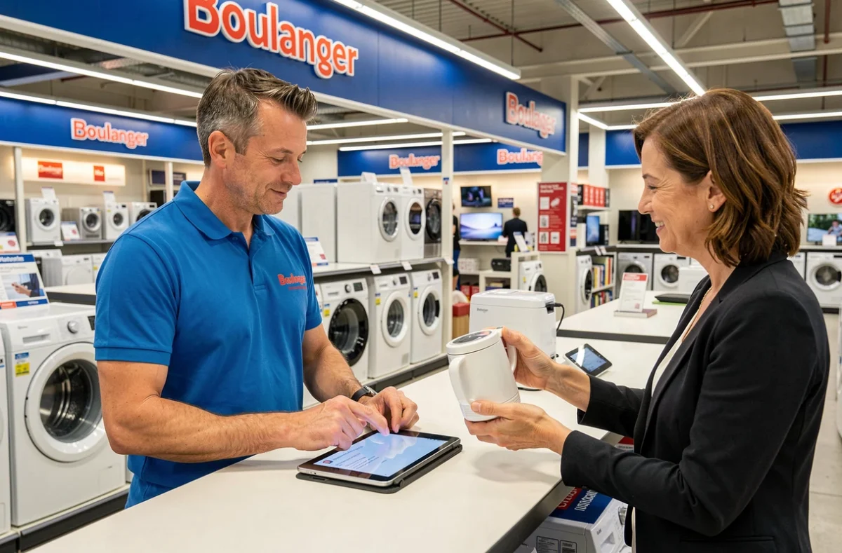 Technicien du service réparation Boulanger Nantes Paridis enregistrant une demande de dépannage en magasin