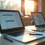 Bureau moderne avec deux laptops workflow et notes