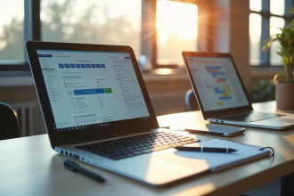 Bureau moderne avec deux laptops workflow et notes