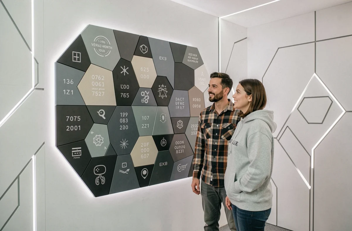 Un couple de joueurs face à un panneau d'énigmes géométriques chez ByPentagone à Vétraz-Monthoux, décor minimaliste moderne avec motifs pentagonaux