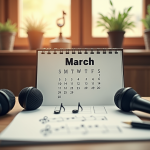 Page de calendrier de mars avec notes de musique et micros