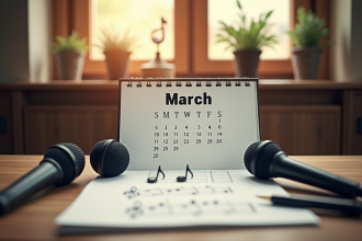 Page de calendrier de mars avec notes de musique et micros