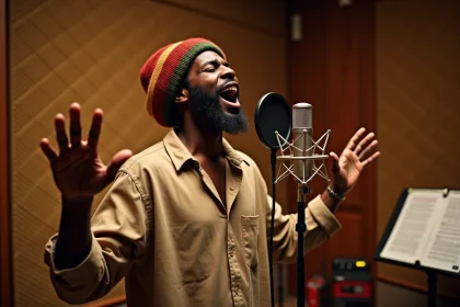 Chanteur de reggae en pleine séance d'enregistrement vocal dans un studio de musique