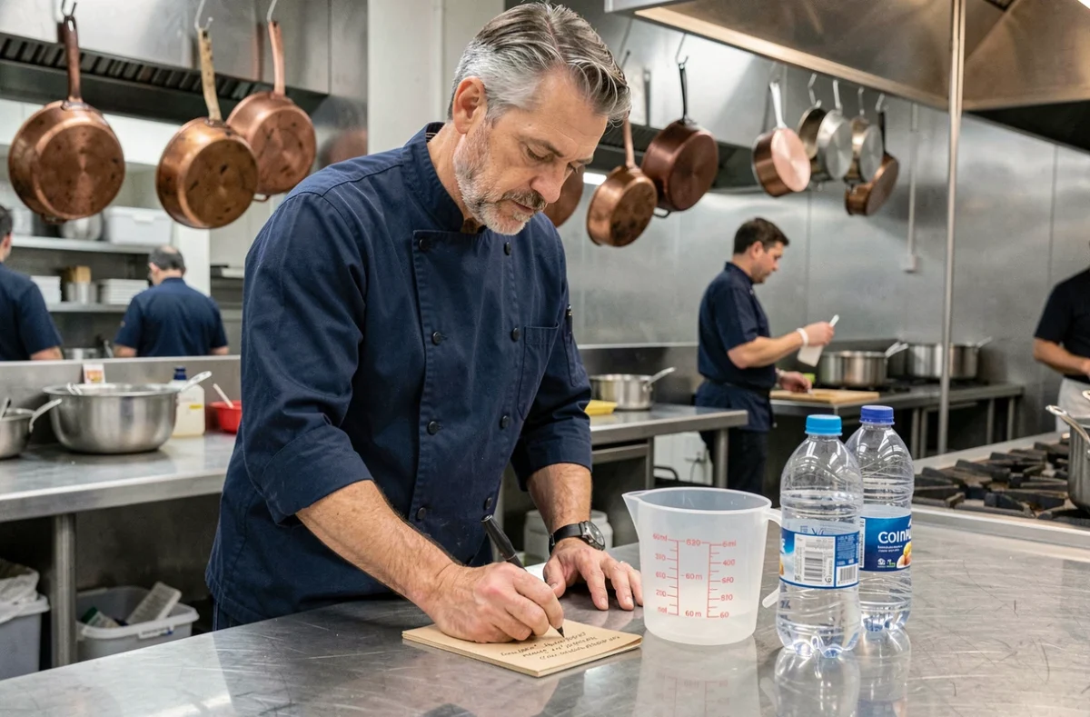 Chef cuisinier notant la conversion de 600 ml en litres à côté d'un verre doseur en cuisine professionnelle