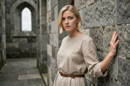 Jeune femme blonde aux yeux bleus en tenue médiévale dans un couloir de pierre, symbolisant la transformation de Christa en Historia dans L'Attaque des Titans