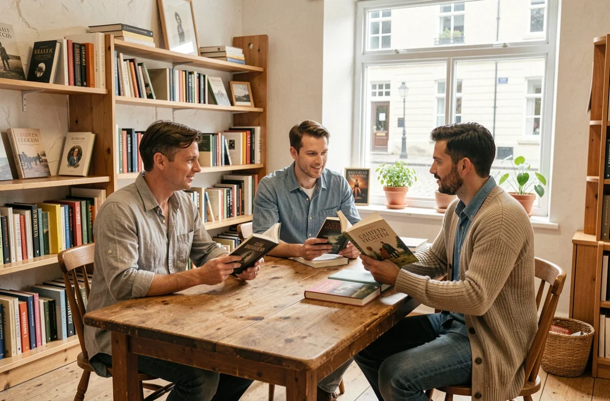Groupe de lecteurs discutant de romans historiques autour d'une table dans une librairie indépendante ensoleillée