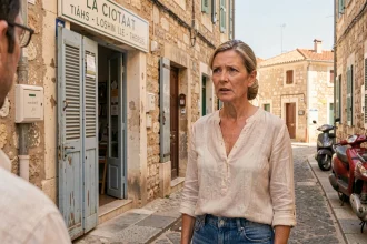 Commerçante de La Ciotat témoignant devant sa boutique dans une rue du centre-ville provençal