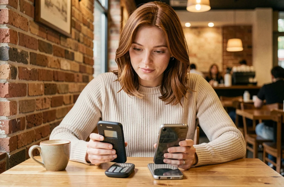 Femme comparant un ancien Nokia et un smartphone moderne dans un café pour évaluer sa valeur de revente