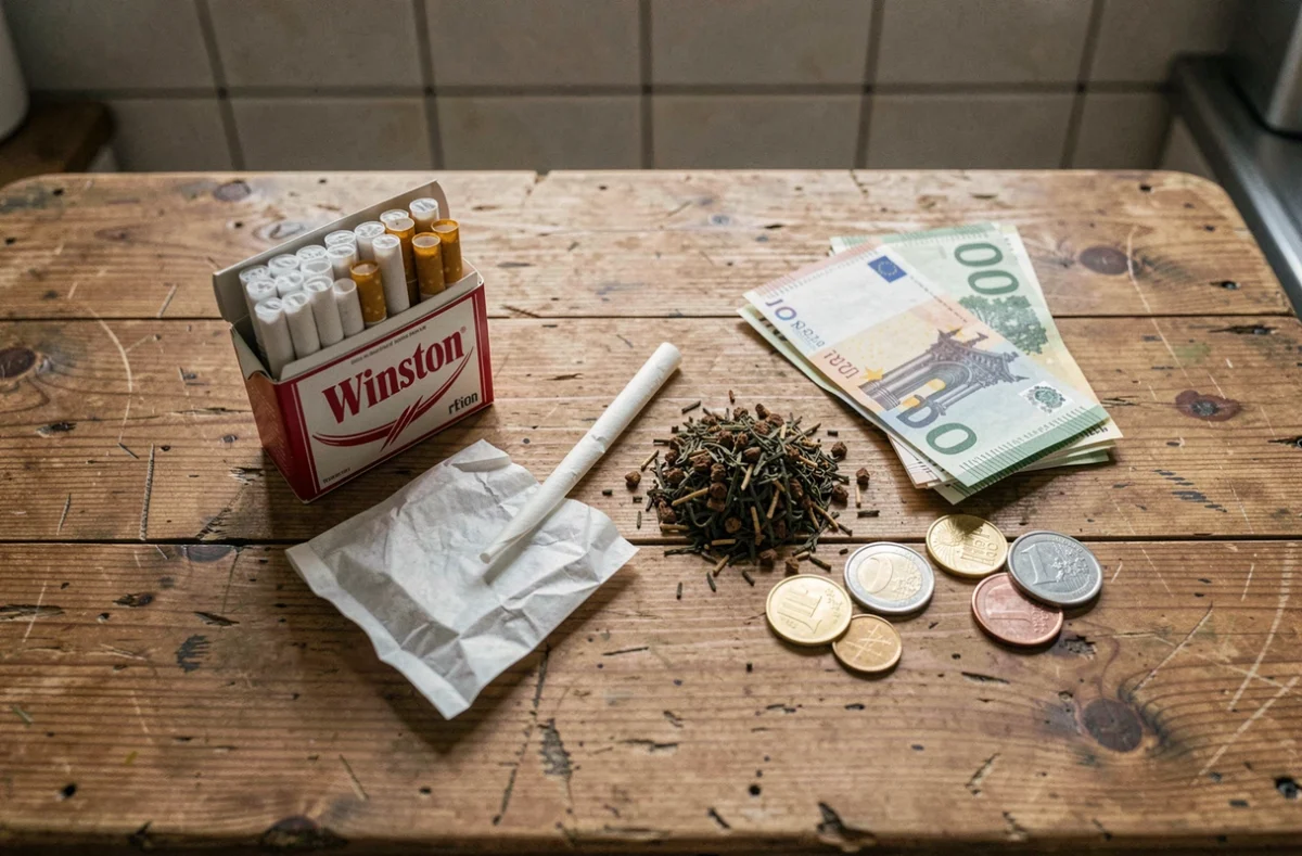 Comparaison à plat entre paquet de cigarettes Winston, tabac à rouler et billets en euros sur une table en bois usée