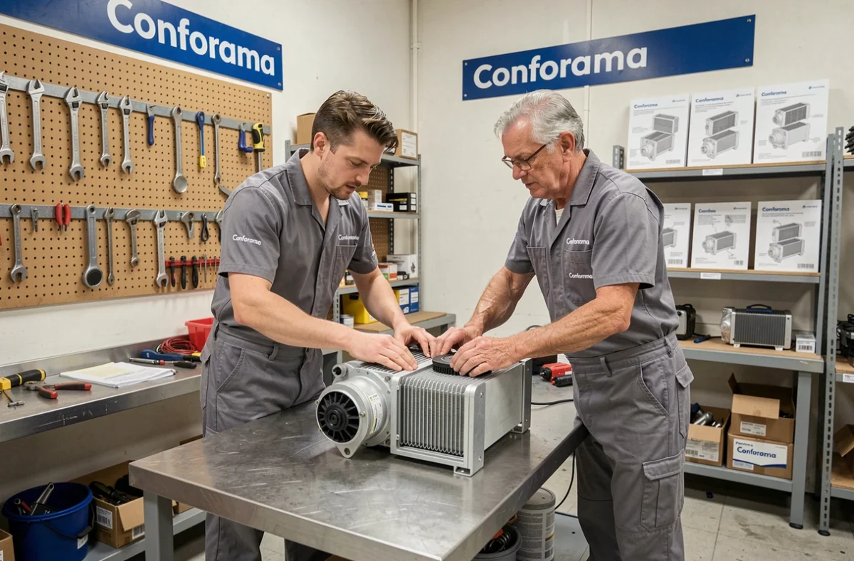 Deux techniciens Conforama Nantes collaborant dans l'atelier de réparation intégré du magasin