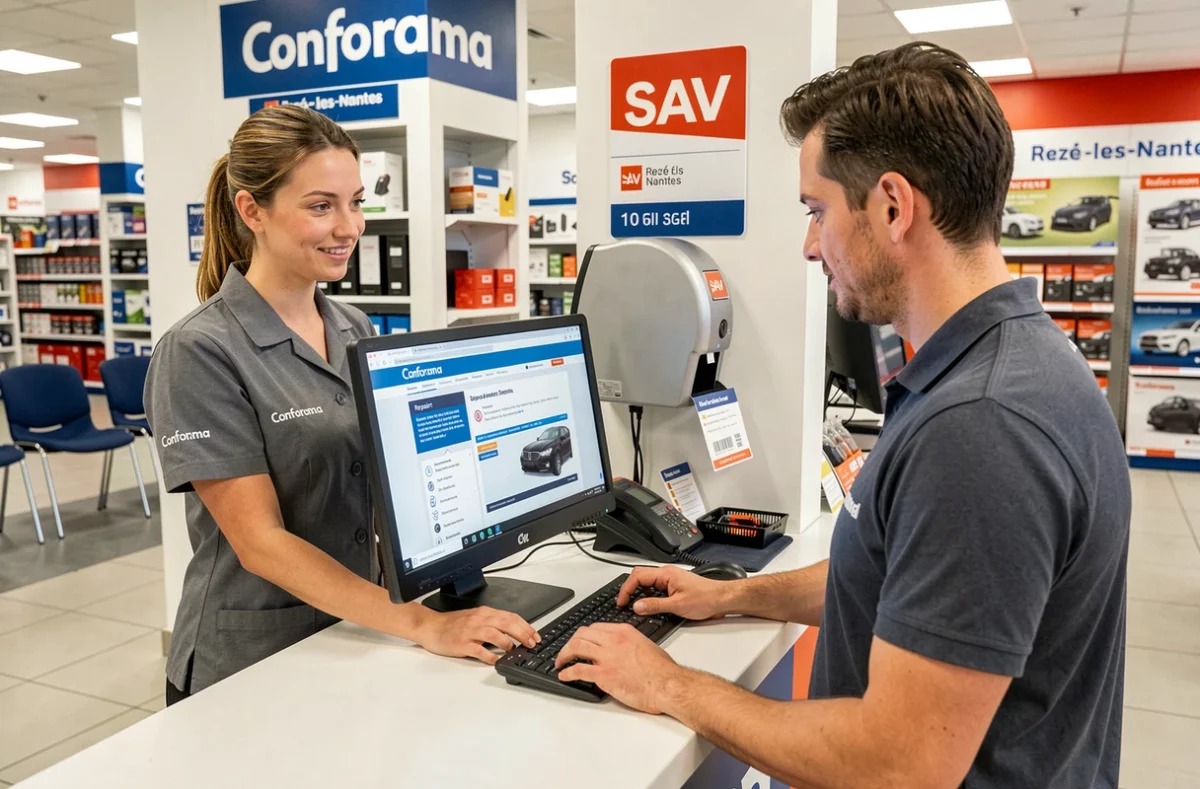 Conseillère SAV Conforama Rezé-les-Nantes assistant un client au comptoir de dépannage électroménager