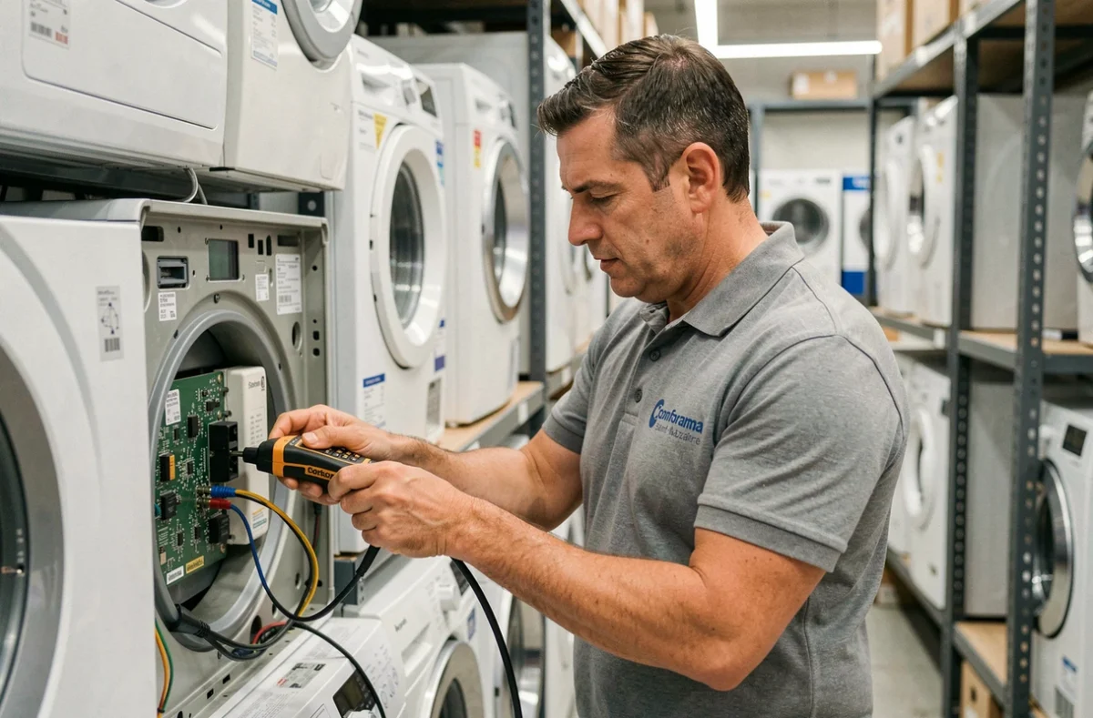 Technicien Conforama Saint-Nazaire utilisant un outil de diagnostic sur une carte électronique de lave-linge