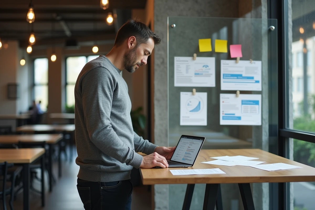 Professionnel consultant des archives de l'économie sociale et solidaire dans un espace de coworking