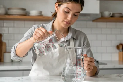 Femme versant 600 ml d'eau depuis un verre doseur transparent dans une carafe graduée sur un plan de travail en marbre blanc