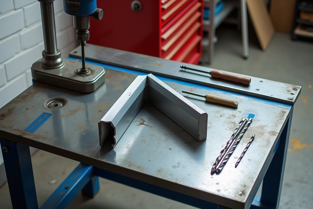 Vue du dessus d'un atelier avec cornière acier percée et coupée entourée d'outils de métallerie professionnels