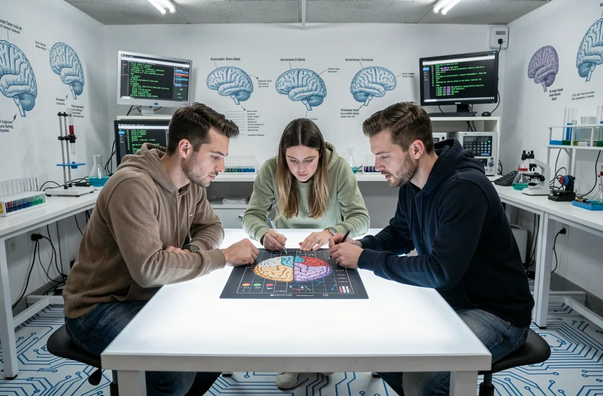 Trois joueurs résolvant une énigme scientifique autour d'une table lumineuse chez Cortex Escape à Annemasse, salle thématique laboratoire cérébral