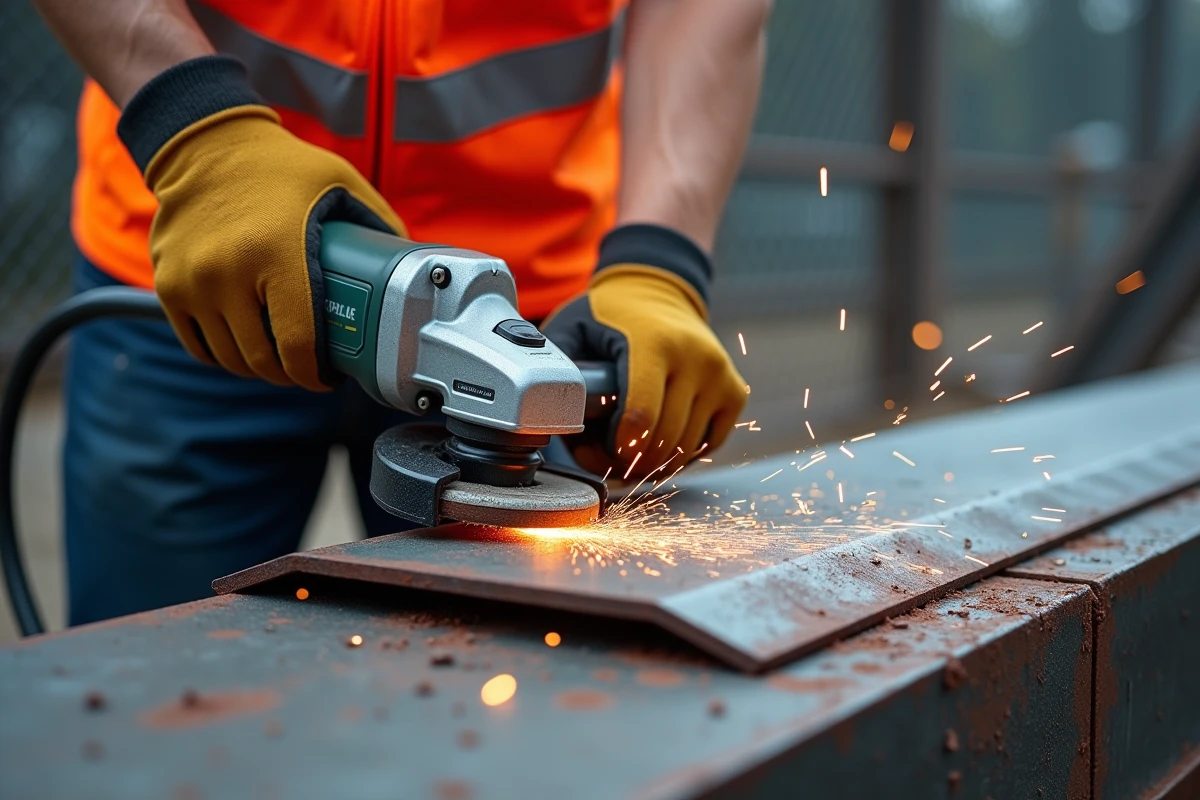 Découpe d'une cornière en L acier à la meuleuse avec projection d'étincelles sur chantier