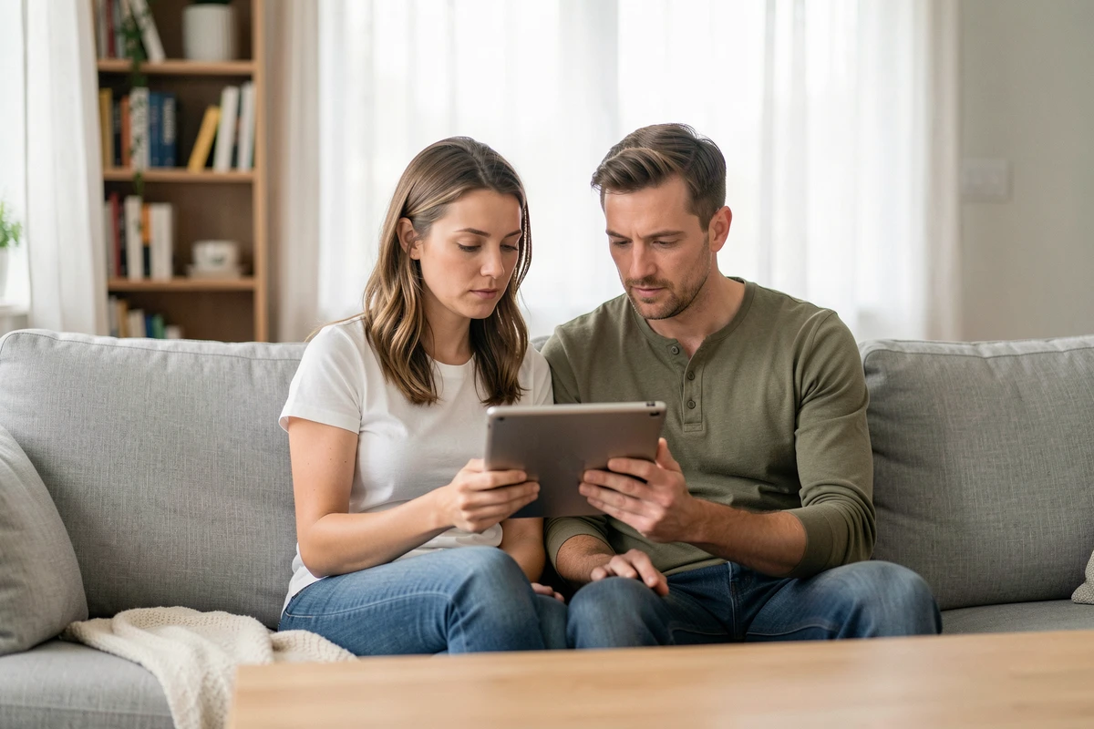Couple consultant un annuaire inversé gratuit sur tablette dans le salon pour identifier un appel inconnu en 06 et protéger leur famille