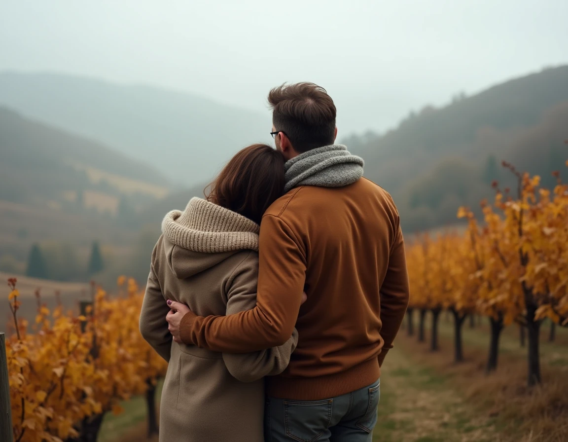 Couple enlacé sur une colline automnale du Sud-Ouest français, paysage de vignes et brume évoquant l'univers poétique et émotionnel de Francis Cabrel